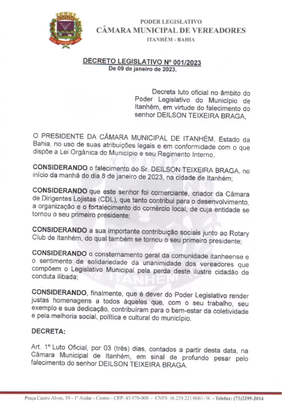 Presidete da Câmara de Vereadores de Itanhém Renato Correia decreta luto oficial pela morte do empresário Deílson Teixeira