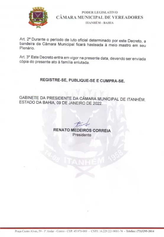 Presidete da Câmara de Vereadores de Itanhém Renato Correia decreta luto oficial pela morte do empresário Deílson Teixeira