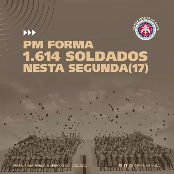 A Polícia Militar da Bahia forma, nesta segunda-feira (17), 1.614 alunos em solenidade de conclusão no Curso de Formação de Soldados (CFS) em todo o estado