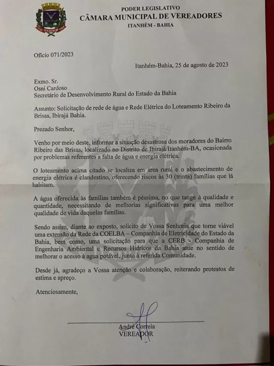 Com apoio do vereador André Correia, moradores do loteamento Ribeiro das Brisas solicitam melhorias na água e energia 