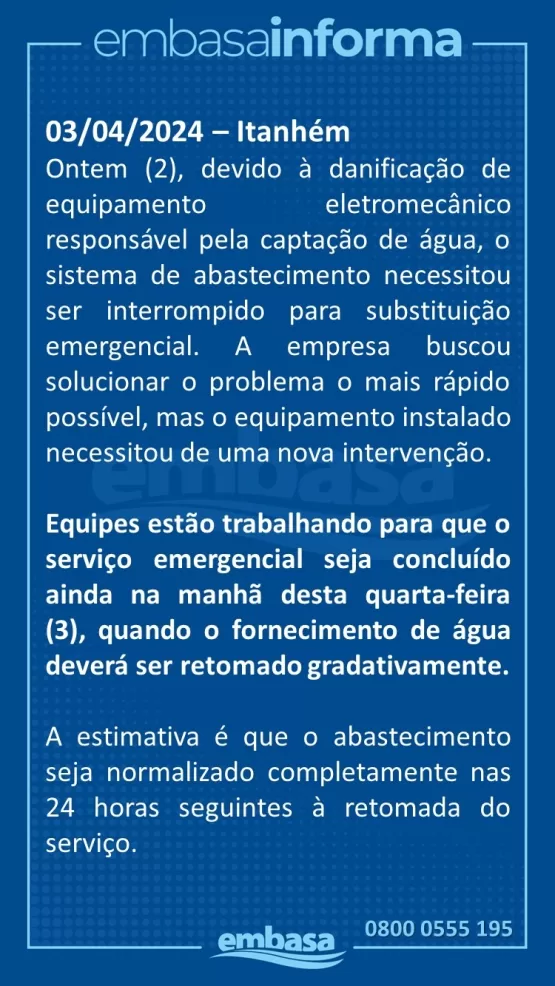 Interrupção Temporária no Abastecimento de Água pela EMBASA devido a Problemas Técnicos