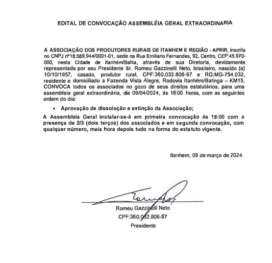 APRIR (Associação dos Produtores Rurais de Itanhém) convoca associados para Assembleia Geral Extraordinária em 09/04/2024