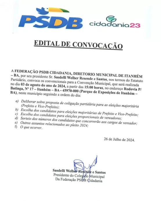 A federação PSDB Cidadania convoca para convenção municipal em Itanhém - BA