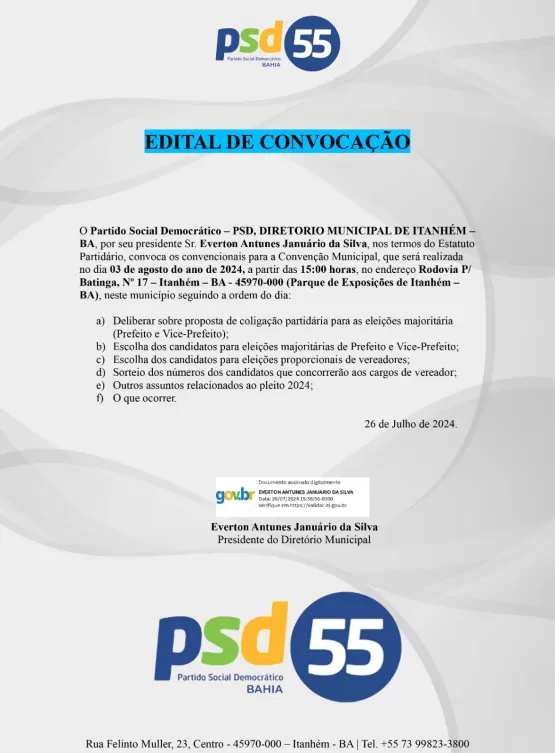 Partido Social Democrático - PSD Convoca para Convenção Municipal em Itanhém - BA, 03 de Agosto de 2024