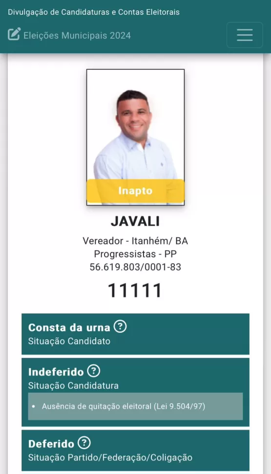 Candidato a vereador de Itanhém pelo partido PP, Alessandro Rocha de Jesus (Javali), tem candidatura indeferida pelo TRE