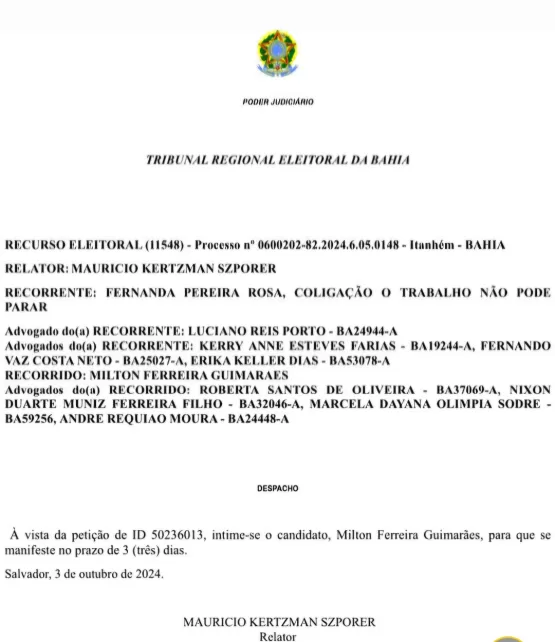 Nova Movimentação em Processo Eleitoral de Itanhém: Justiça Intima Candidato Milton Ferreira Guimarães