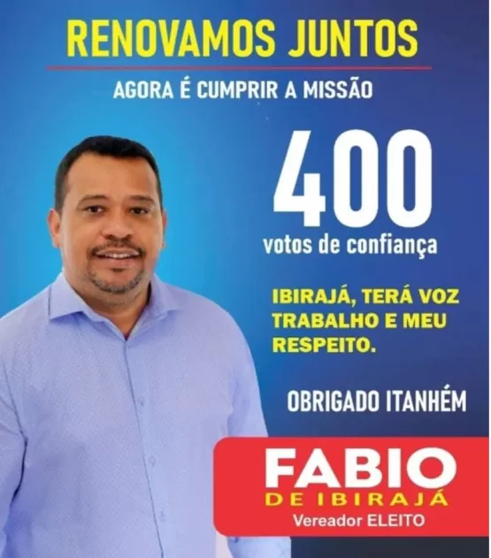 Fábio Pereira é eleito vereador com 400 votos e agradece a Deusdete e aos eleitores de Ibirajá e de todo o município