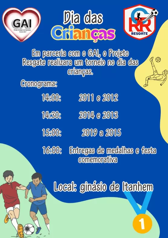 Parceria entre Projeto Resgate e GAI promove Torneio Infantil de Futsal e Comemoração ao Dia das Crianças; será neste sábado