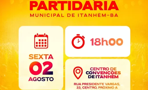 A comissão provisória municipal do Partido Socialista Brasileiro (PSB) convoca filiados para congresso municipal em Itanhém-BA