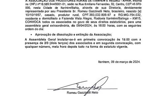 APRIR (Associação dos Produtores Rurais de Itanhém) convoca associados para Assembleia Geral Extraordinária em 09/04/2024