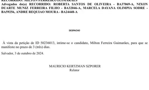 Nova Movimentação em Processo Eleitoral de Itanhém: Justiça Intima Candidato Milton Ferreira Guimarães