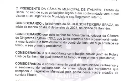 Presidete da Câmara de Vereadores de Itanhém Renato Correia decreta luto oficial pela morte do empresário Deílson Teixeira